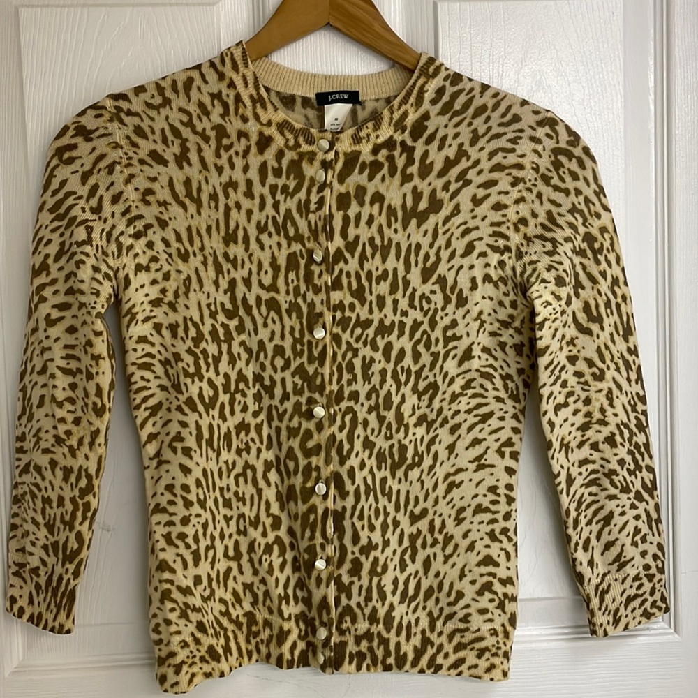 J. Crew wool animal print cardigan sweater button front 3/4 sleeves womens XS